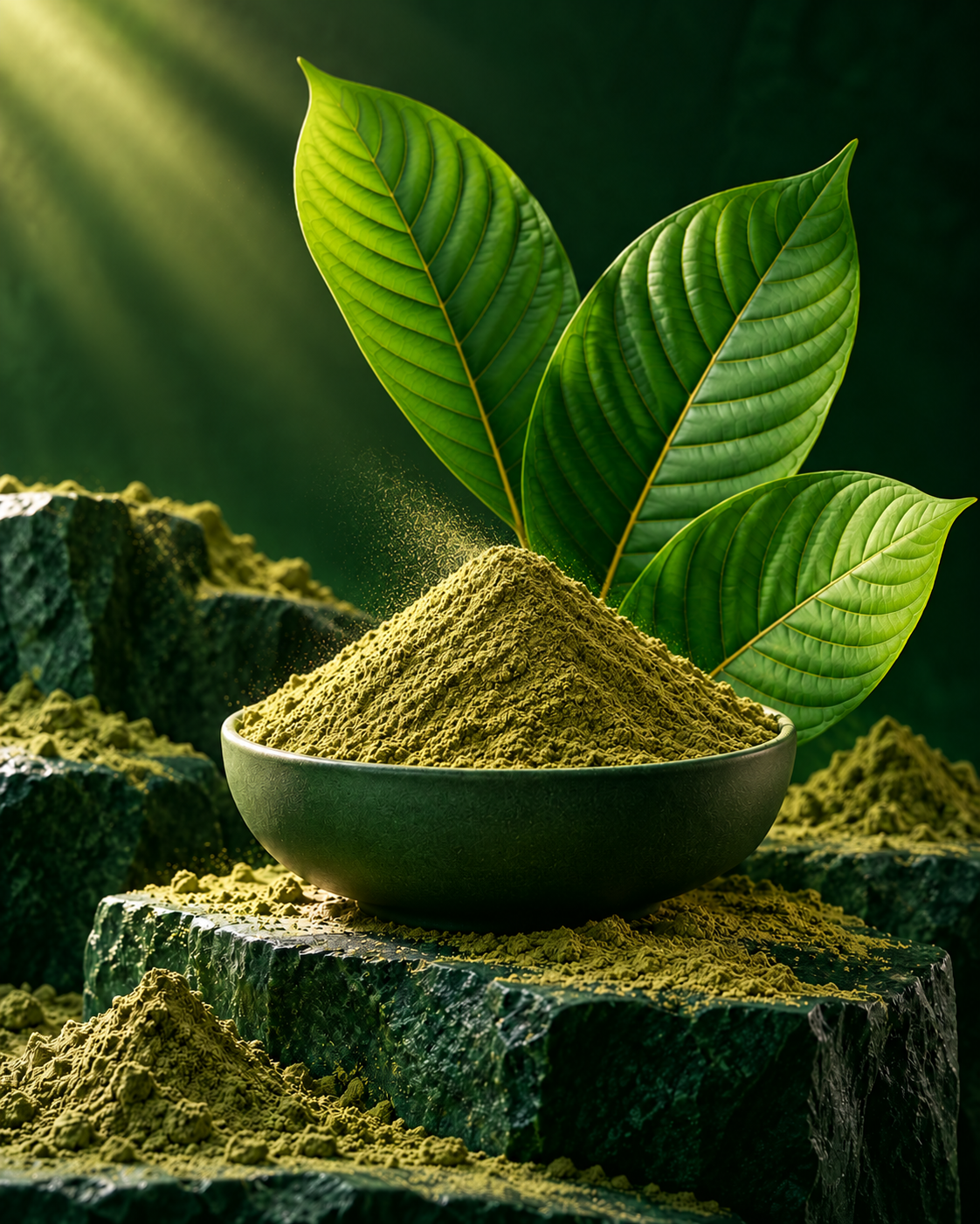 Green kratom leaves and a bowl of finely ground powder on dark stone